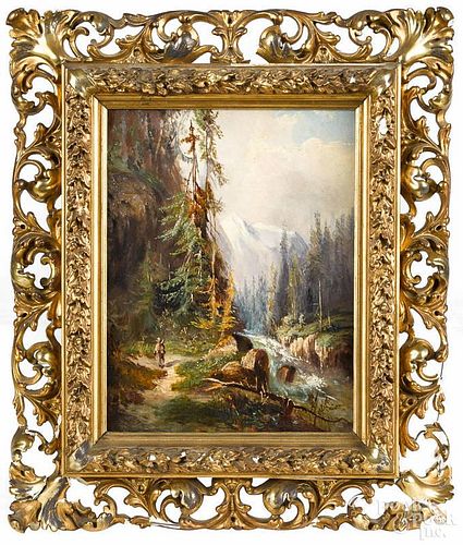 Oil on canvas mountain landscape, ca. 1900, 10 1/4'' x 8''.
