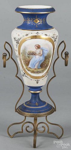 Bohemian hand-painted and gilt milk glass portrait vase, 19th c., bearing an incised mark