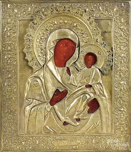 Russian-style icon of the Mother of God Tichvinskaya, 20th c., with gilt metal oklad