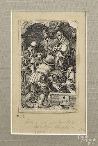 Lambert Hopfer (Dutch 1470-1536), engraving, titled Jesus Mis Au Tombeau, 5 3/4'' x 3 5/8''.