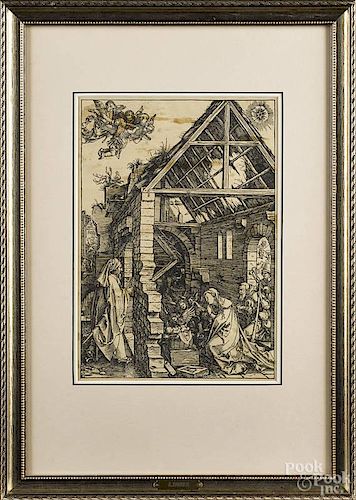 Block print, after Albrecht Durer, 20th c., titled The Nativity, 11 3/4'' x 8 3/4''.