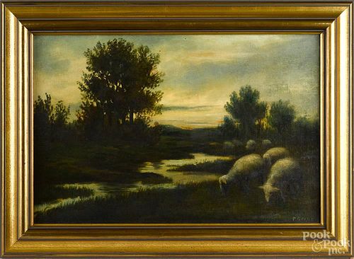 Continental oil on canvas, late 19th c., depicting sheep at twilight, signed P. Krus, 16'' x 24''.
