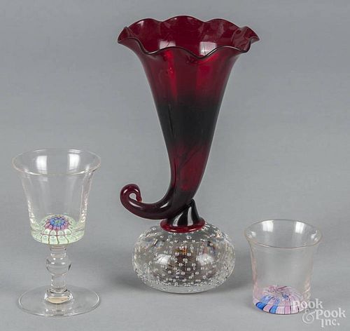 Glass cordial, 4'' h., and shot glass, 2'' h., both with millefiore bases