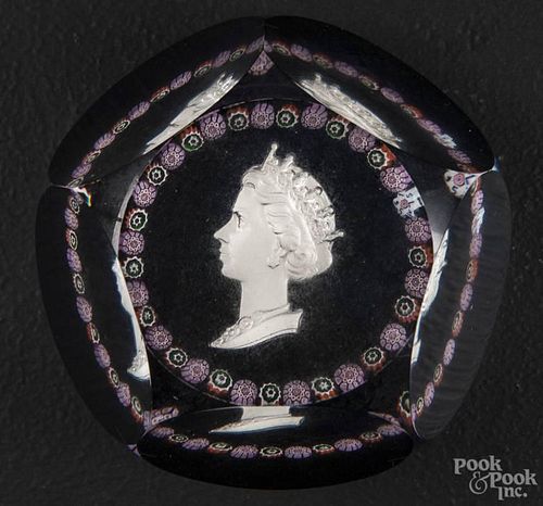 Couronnement paperweight, dated 1953, with a sulfide bust of Queen Elizabeth, 3'' dia.