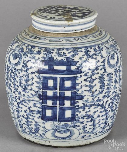 Chinese Qing dynasty blue and white porcelain ginger jar, 8 1/2'' h.