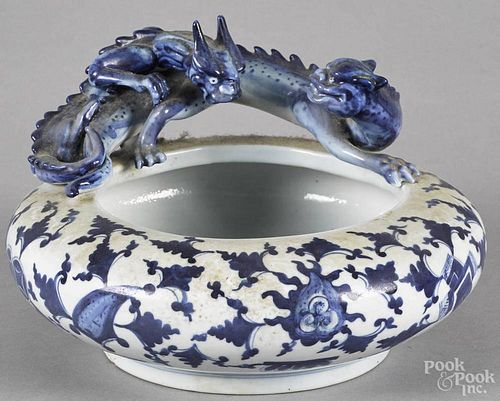 Japanese blue and white porcelain dish with applied dragons, 4'' l., 7'' w.