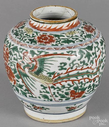 Chinese famille verte ginger jar, 19th c., with phoenix decoration, 6'' h.