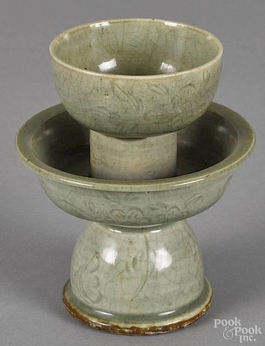 Chinese carved celadon drinking vessel, 5 1/2'' h.