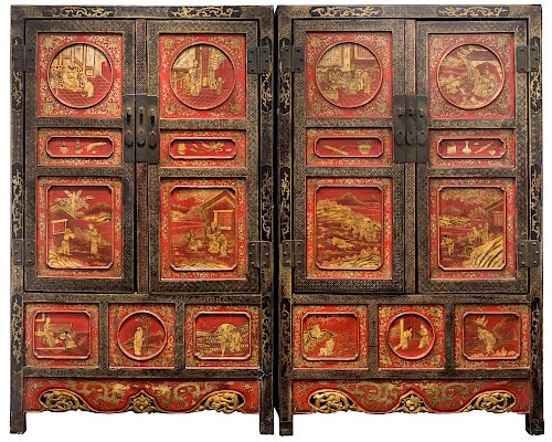 A PAIR OF CHINESE GILTWOOD AND RED LACQUER CABINETS, LATE QING DYNASTY