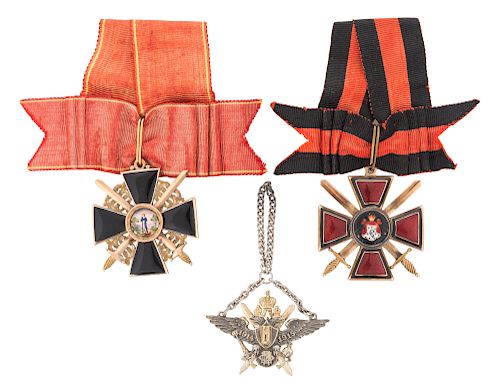A GROUP OF 3 RUSSIAN MILITARY ORDERS, INCLUDING THE ORDERS OF ST.ANNE, ST.VLADIMIR, AND PRAPORCHESKAYA SCHKOLA BADGE