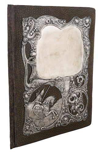 A FABERGE SILVER-MOUNTED LEATHER AND SILK DESK PORTFOLIO, MARKED K.FABERGE WITH IMPERIAL WARRANT, MOSCOW, CIRCA 1900