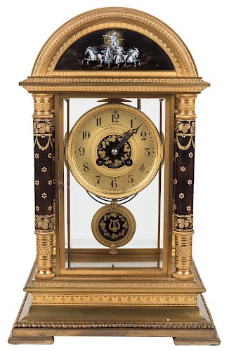 A BIGELOW KENNARD AND CO ONYX AND GILT-BRONZE BRACKET PORTICO CLOCK PAINTED EN GRISAILLE