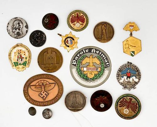 German WWI and WWII Table Medals and Pins, Lot of Fifteen 
