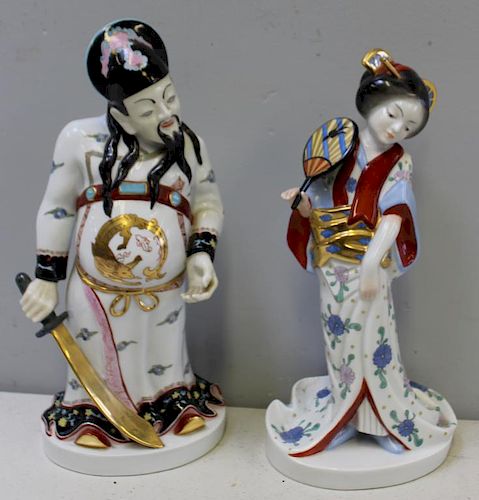 HEREND. Signed Porcelain Geisha and Warrior.