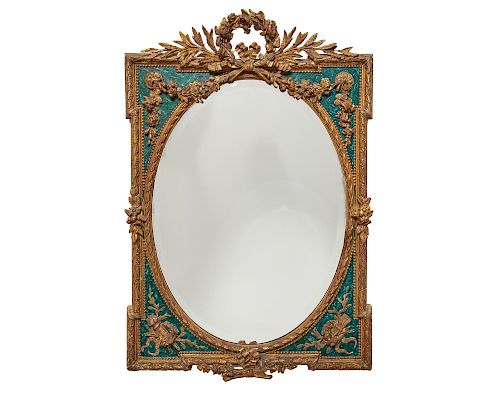 Continental Carved Giltwood and Faux Malachite Bevelled Glass Wall Mirror, 19th century