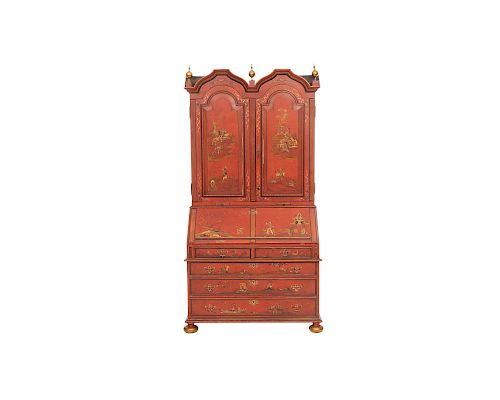 Georgian Style Red Lacquered Chinoiserie Secretary Bookcase, early 20th century