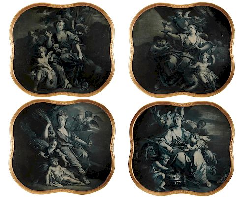 Set of Four Continental Paintings en Grisaille, depicting the Four Seasons, 19th century