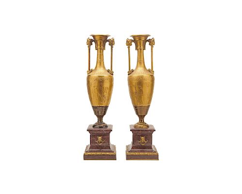 Pair of French Gilt Bronze and Rouge Marble Classical Urns, 19th century