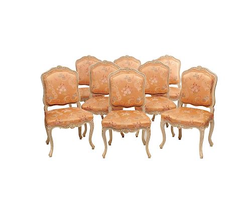 Suite of Eight Louis XV Style Carved and Creme Painted Dining Chairs, 20th century