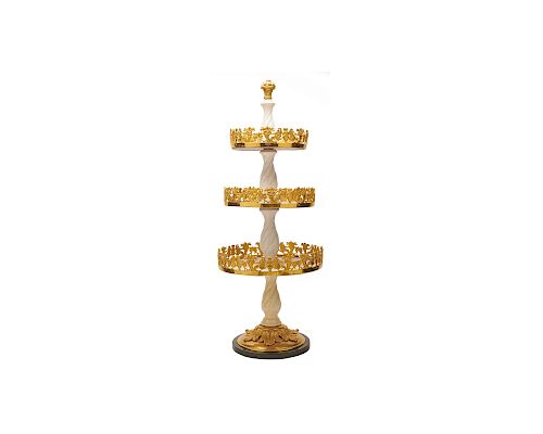 Neoclassical Style Creme Porcelain and Gilt Bronze Three Tier Table Stand, ca. 1900