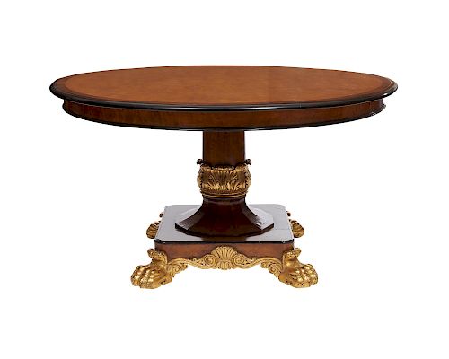 Continental Mahogany and Burlwood Inlaid Parcel Gilt Paw Foot Pedestal Center Table, 19th century