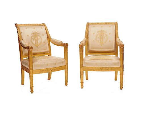 Fine Pair of Empire  Carved Giltwood Fauteuil, early 19th century, stamped Jacob D. R. Meslée