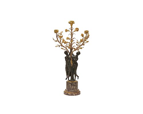 Continental Patinated and Gilt Bronze Figural Three Light Candelabra, ca. 1900