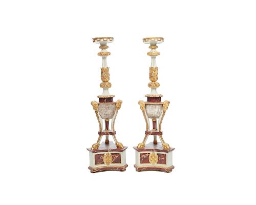 Pair of Continental Carved Faux Marble and Gilt Painted Torchieres, late 18th century