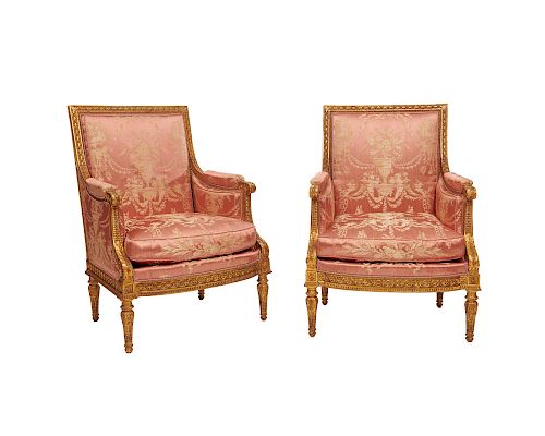 Pair of Louis XVI Style Carved and Gilt Painted Bergeres a la Reine, manner of Jean-Baptiste Sene, mid 19th century