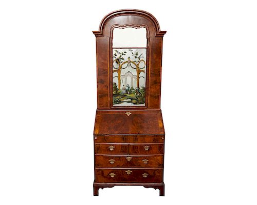 Queen Anne Walnut Secretary Bookcase with Eglomise Mirrored Panel
