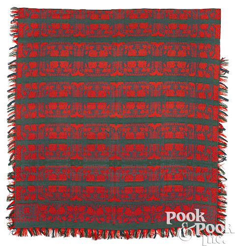Pennsylvania green and red Jacquard coverlet