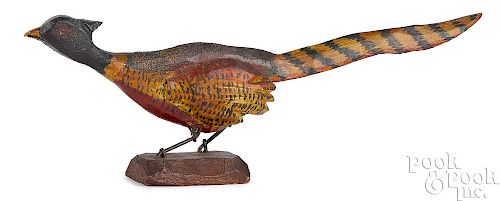 Carved and painted running pheasant