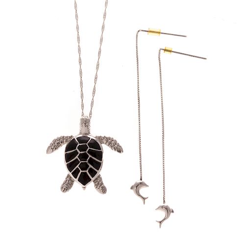 A Lady's Sea Turtle Pendant & Dolphin Earrings