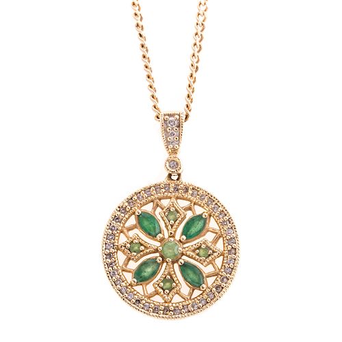 A Lady's 14K Emerald & Diamond Floral Pendant