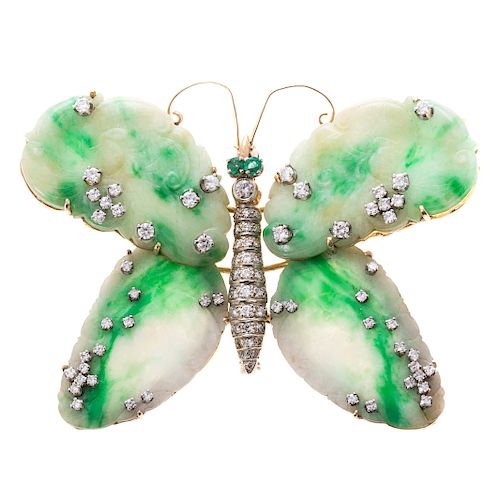 A Jadeite & Diamond Butterfly Brooch in 18K Gold
