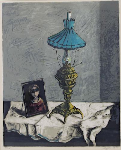 SIGNED In Hebrew. Color Lithograph. Still Life.