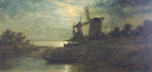 CLARK, C. Oil on Board. Windmill in Evening Light.