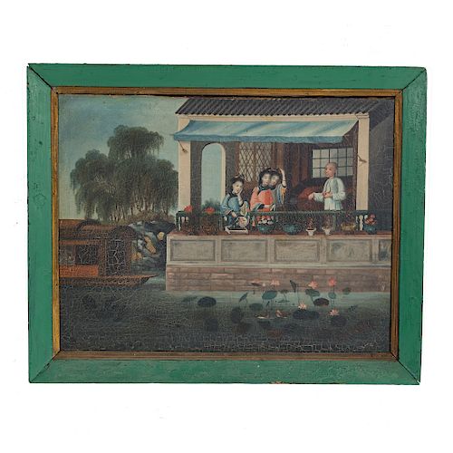 Canton School, 19th c. Figures in a Pavilion, oil