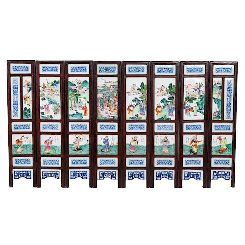 Chinese Famille Rose porcelain/wood screen
