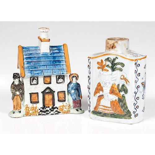 Pearlware Tea Caddy and Staffordshire House Bank