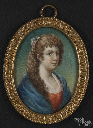 Continental miniature watercolor on ivory portrait of a woman, 19th c., 2 1/2'' x 2 1/4''.