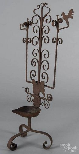 French wrought iron fat lamp, early 20th c., 25 3/4'' h.