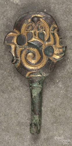Chinese archaic gilt bronze hook, 3 3/4'' h.