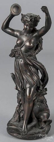 Patinated bronze of a young woman holding a cymbal, early 20th c., 13'' h.