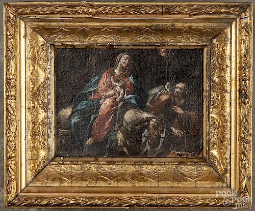 Continental oil on canvas of an allegorical scene, 19th c., 4'' h., 5 1/4'' w.