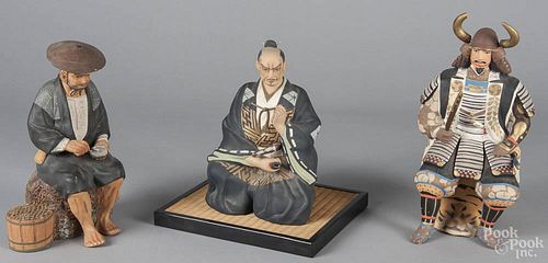 Three Japanese Hakata Urusaki ceramic dolls, to include two samurai and a fisherman, 10 1/2'' h.