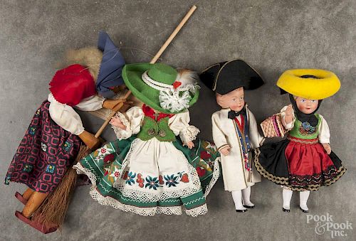 Eight Moll's German celluloid dolls in regional garb from Schwarzwald, Bayern, Hessen