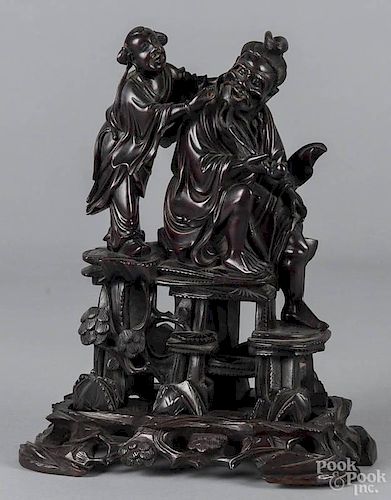 Chinese carved hardwood figural group, early 20th c., 12'' h.