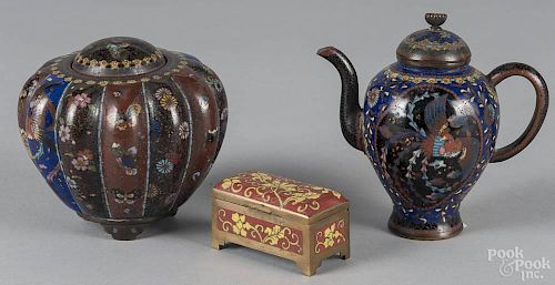Chinese cloisonné teapot, 5'' h., together with a covered jar and a small dresser box.