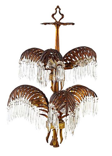 An Art Deco Brass and Glass Chandelier Height 28 x diameter 19 inches.